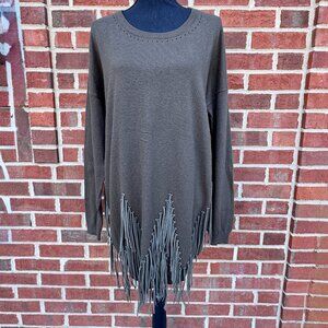 Loveriche Knit Sweater Dress Tunic Large Green Fringed Boho Western